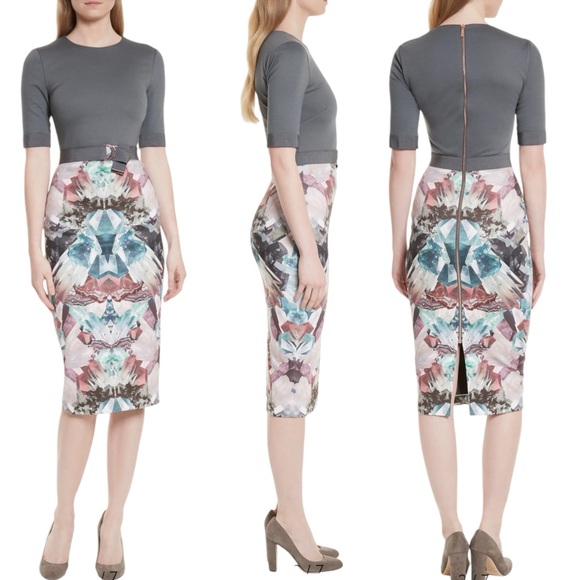 Ted Baker gray multicolor fitted midi dress size 00 Anaste Mirror Minerals Print - Picture 2 of 12